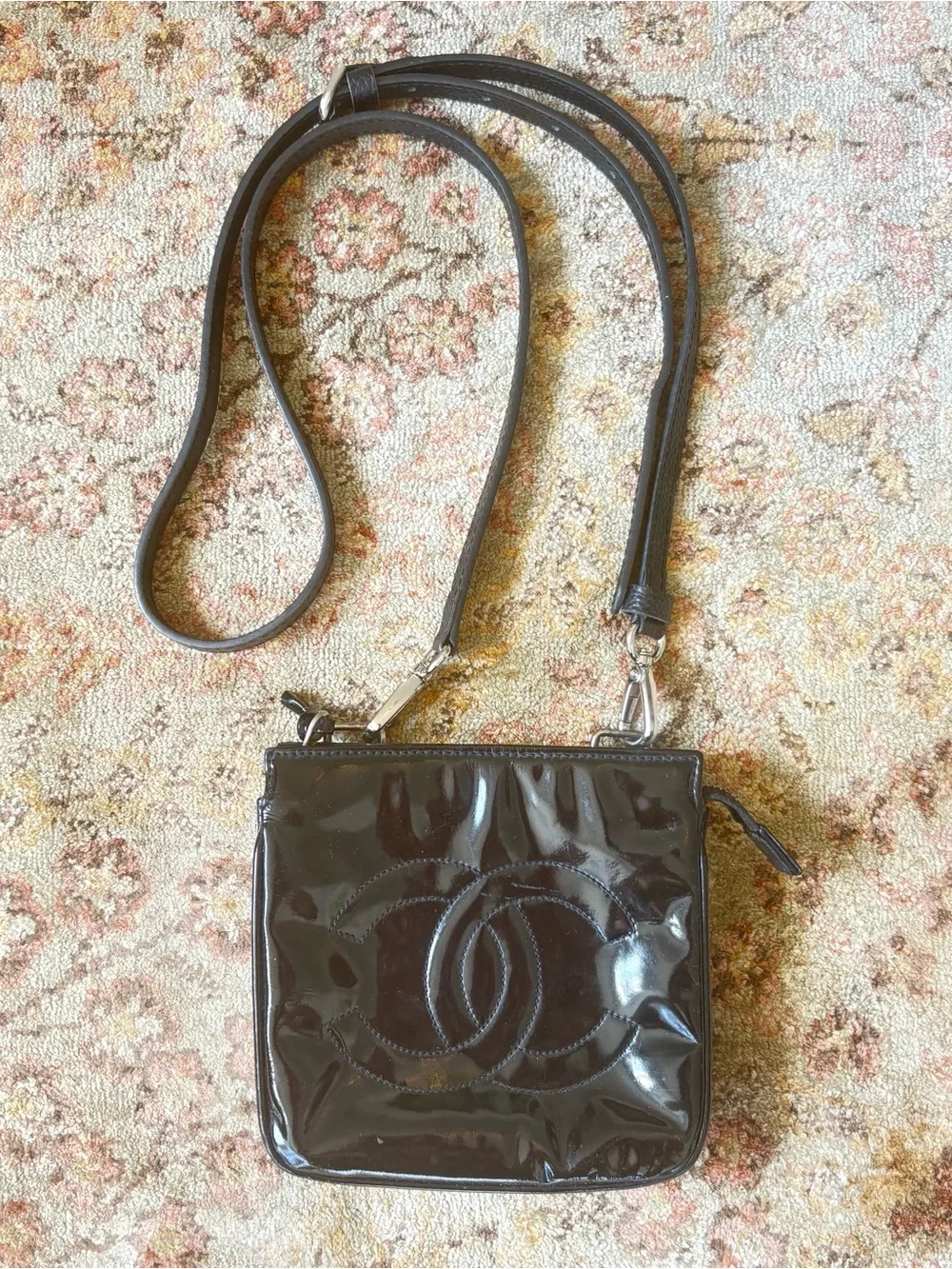 CHANEL Black Patent Leather CC Logo Converted Belt to Crossbody Bag